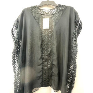 Miken Swim Suit Cover Up Sheer Black With Lace Inserts Size L NWT